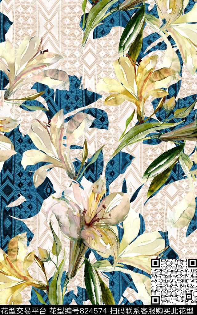 花卉水彩蕾丝数码印花华亿平台下载（图片编号: 824574） - 瓦栏（Walan）