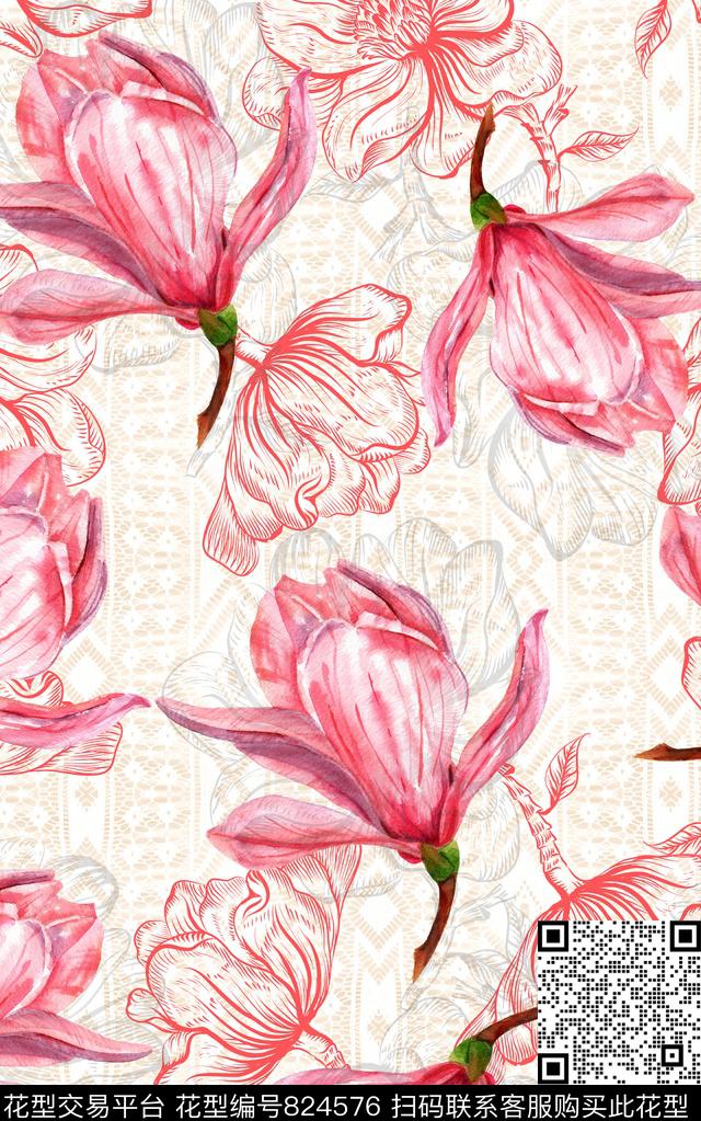 线描花卉水彩数码印花华亿平台下载（图片编号: 824576） - 瓦栏（Walan）