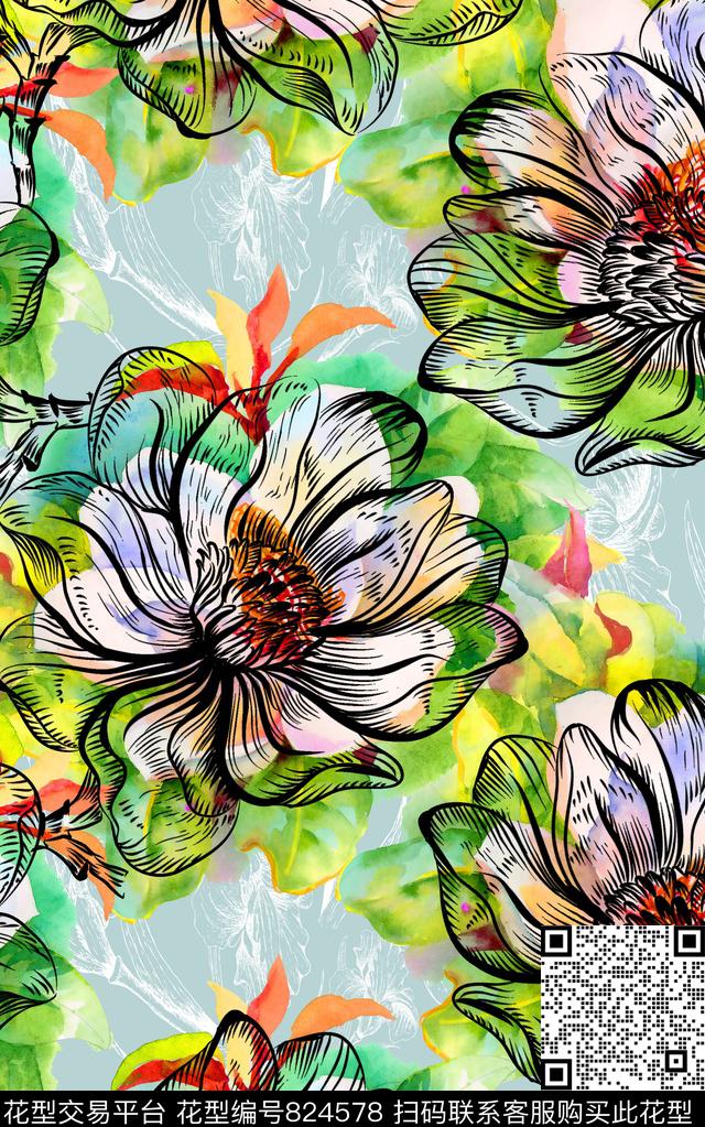线面花卉水彩数码印花华亿平台下载（图片编号: 824578） - 瓦栏（Walan）
