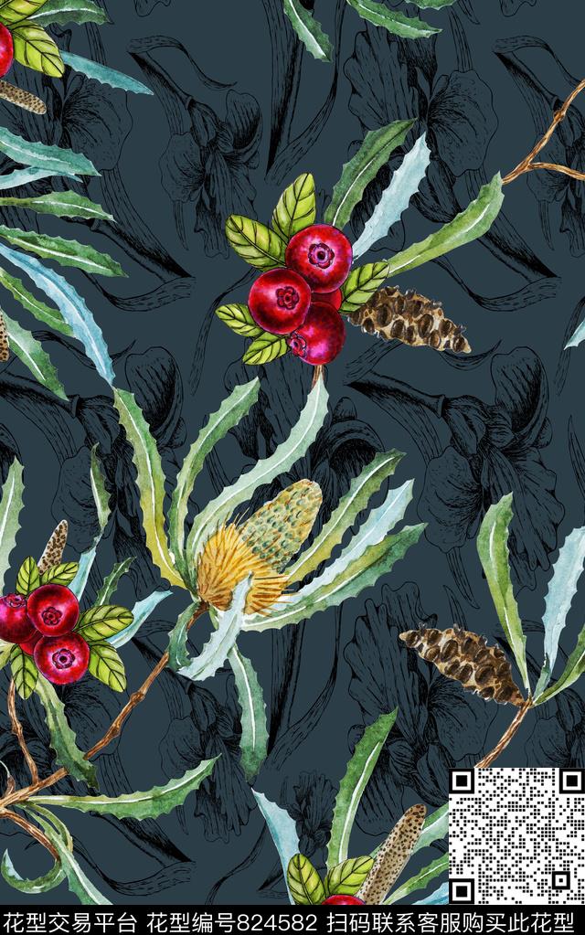 枝条线描水果数码印花华亿平台下载（图片编号: 824582） - 瓦栏（Walan）