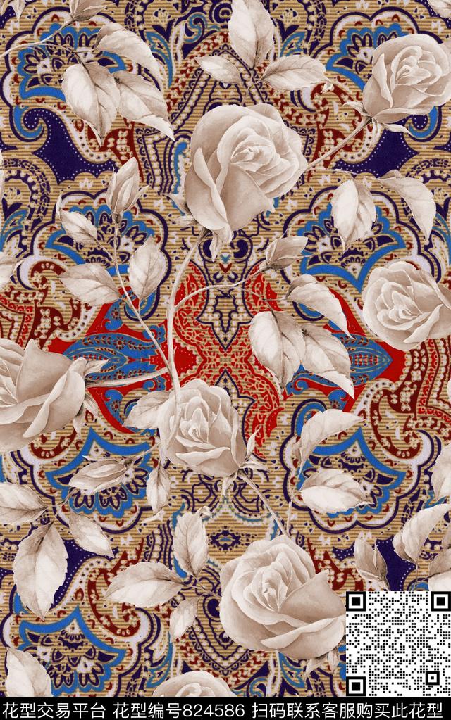 民族风花卉手绘数码印花华亿平台下载（图片编号: 824586） - 瓦栏（Walan）