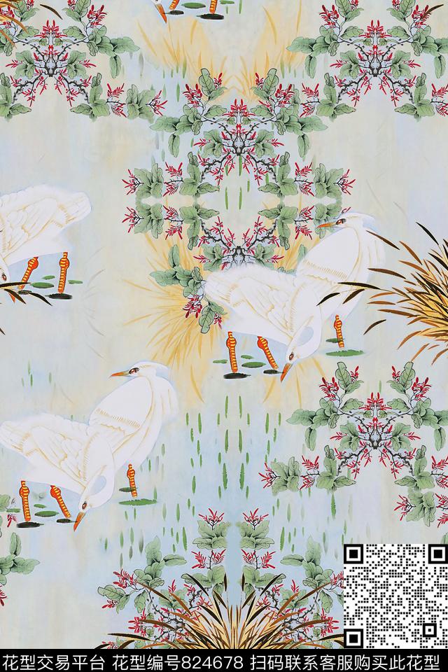 中国风仙鹤水草花数码印花华亿平台下载（图片编号: 824678） - 瓦栏（Walan）