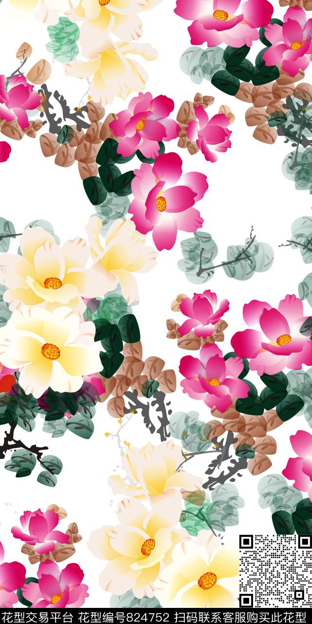 水彩花卉水墨水墨风数码印花华亿平台下载（图片编号: 824752） - 瓦栏（Walan）