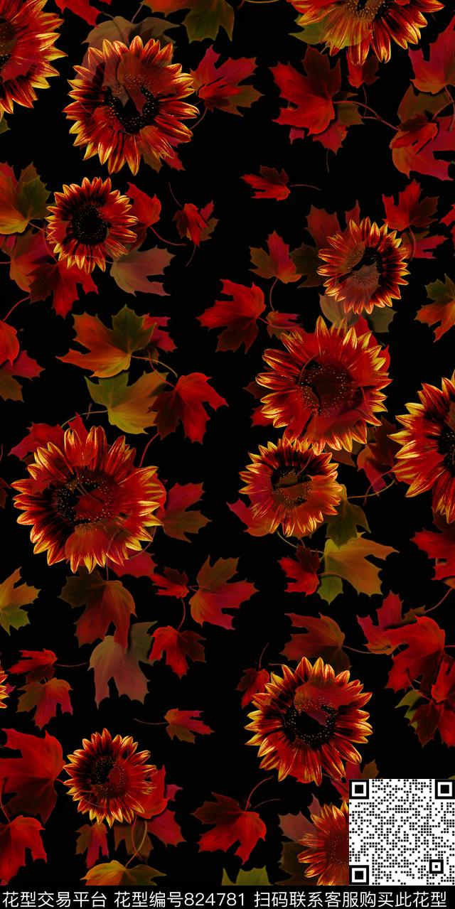 趣味枫叶花数码印花华亿平台下载（图片编号: 824781） - 瓦栏（Walan）