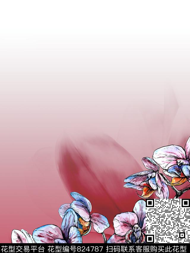 花卉手绘渐变数码印花华亿平台下载（图片编号: 824787） - 瓦栏（Walan）