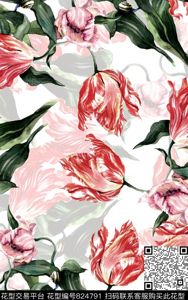 花卉水彩郁金香数码印花华亿平台下载（图片编号: 824791） - 瓦栏（Walan）