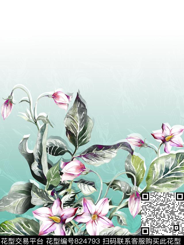 手绘花卉渐变数码印花华亿平台下载（图片编号: 824793） - 瓦栏（Walan）