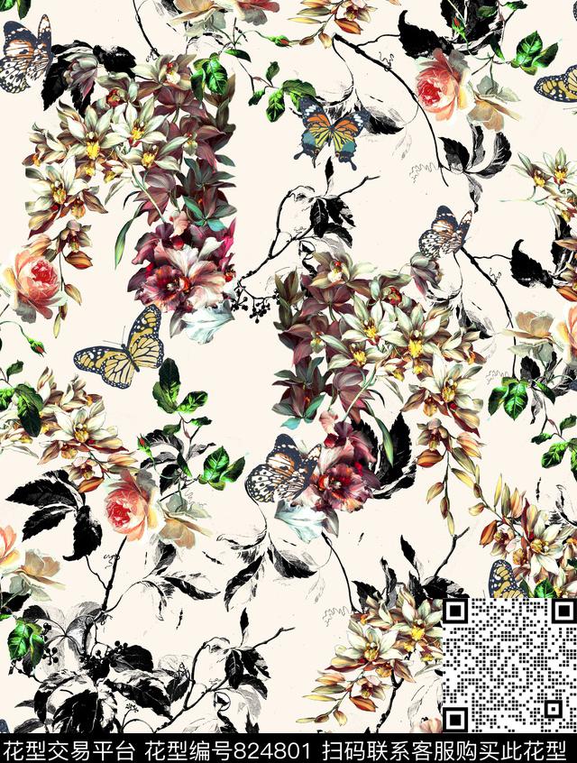 叶子昆虫花卉数码印花华亿平台下载（图片编号: 824801） - 瓦栏（Walan）