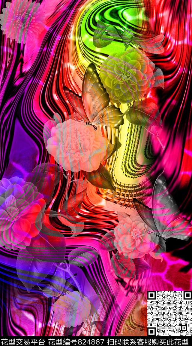 花卉抽象纹创意服装面料数码印花华亿平台下载（图片编号: 824867） - 瓦栏（Walan）