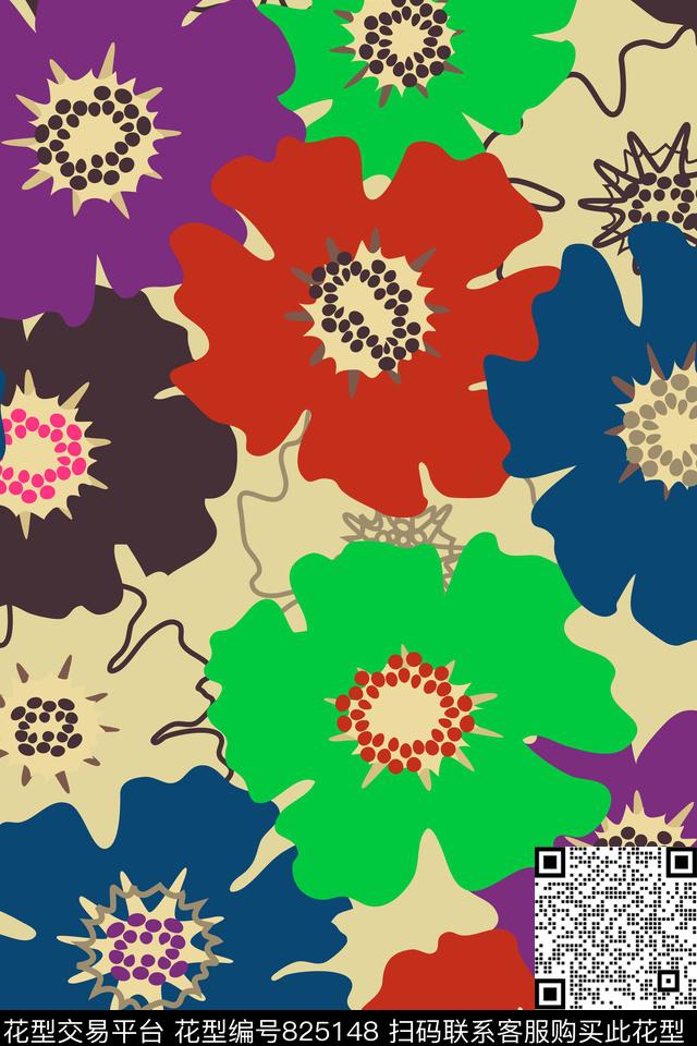 大花花朵花卉传统印花华亿平台下载（图片编号: 825148） - 瓦栏（Walan）