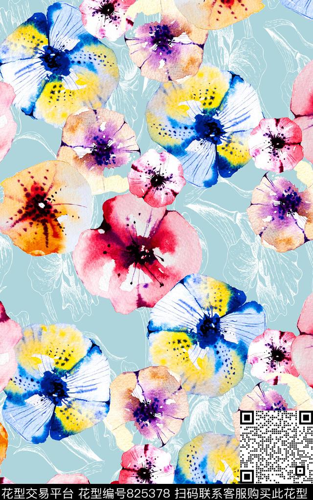 水彩画花卉线条花数码印花华亿平台下载（图片编号: 825378） - 瓦栏（Walan）