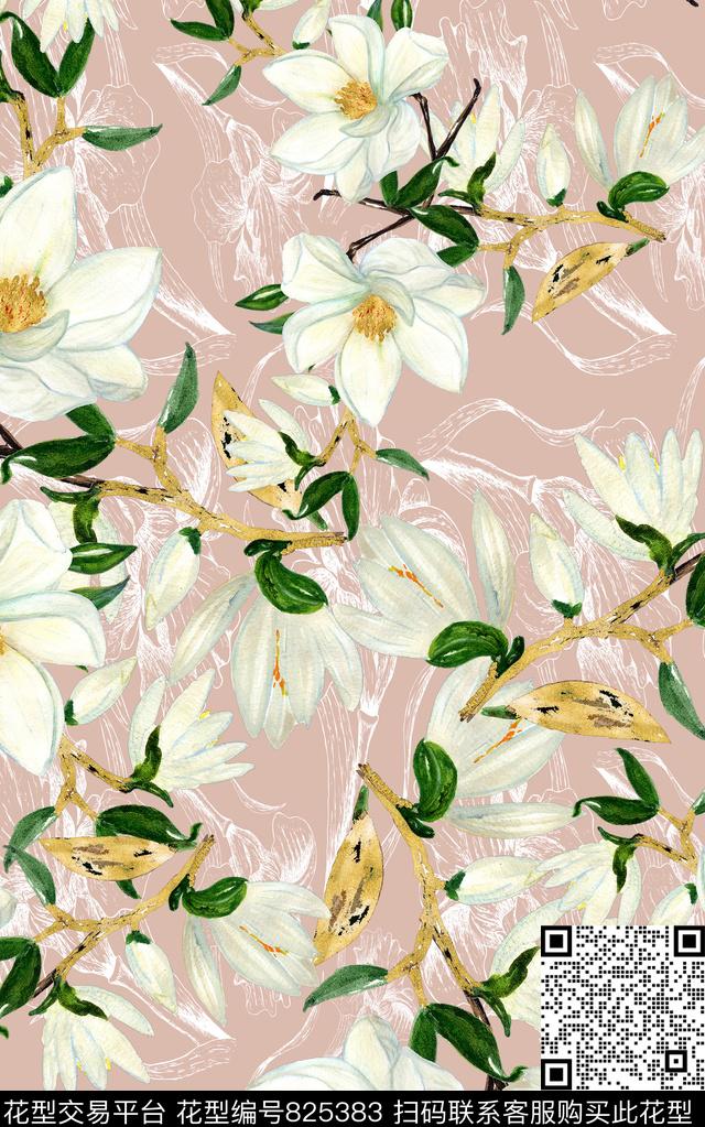 线条花朵玉兰花数码印花华亿平台下载（图片编号: 825383） - 瓦栏（Walan）