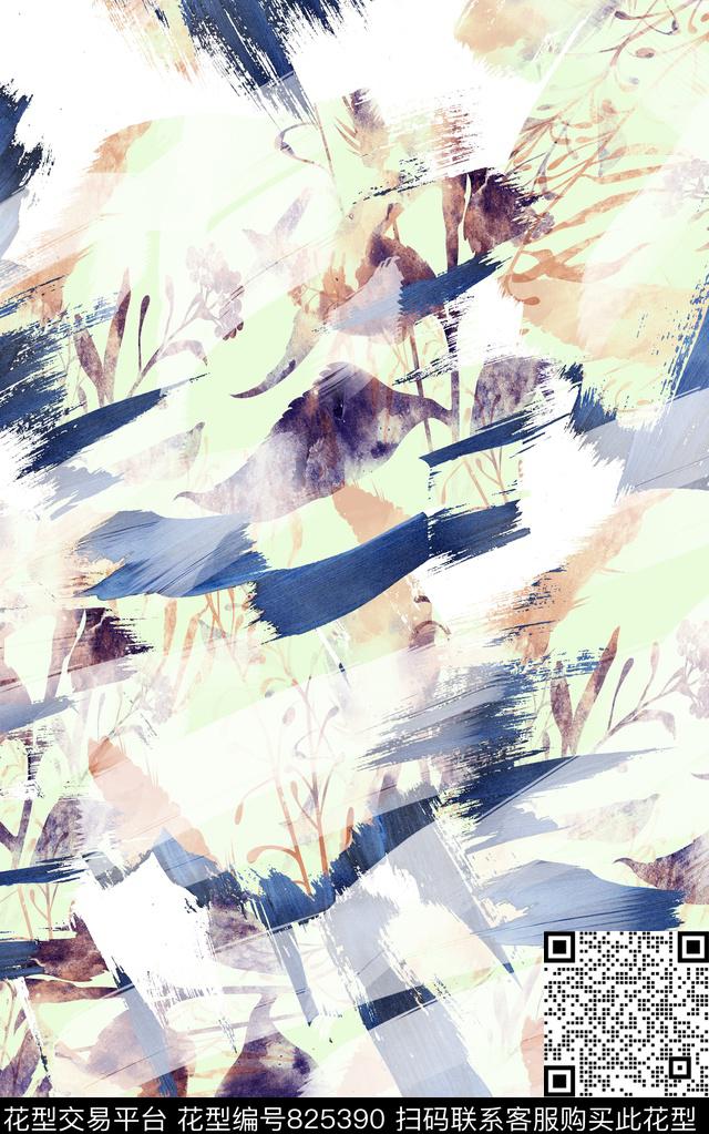 笔触纹路枝条数码印花华亿平台下载（图片编号: 825390） - 瓦栏（Walan）