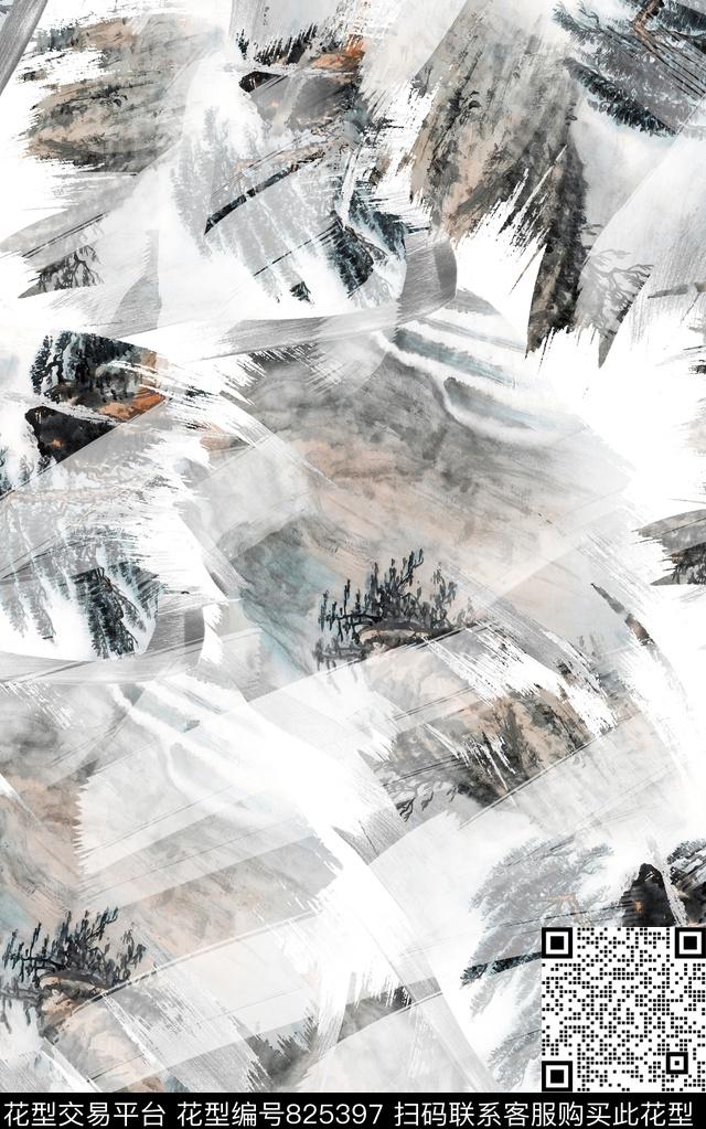 笔触纹路中国画数码印花华亿平台下载（图片编号: 825397） - 瓦栏（Walan）