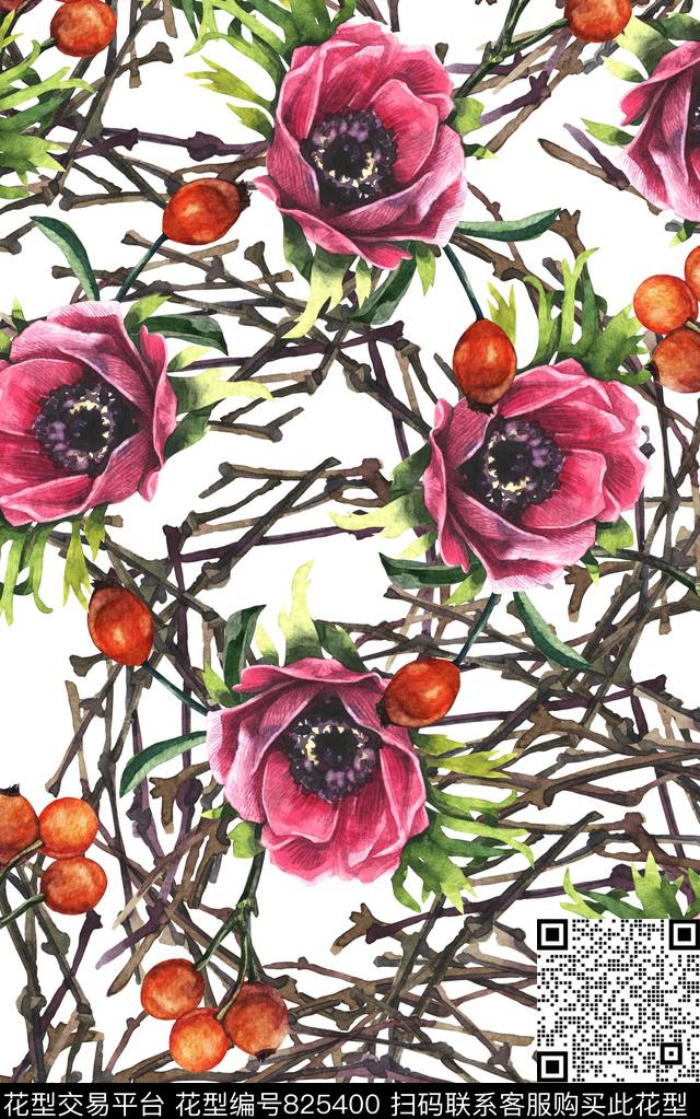 花卉水彩花朵数码印花华亿平台下载（图片编号: 825400） - 瓦栏（Walan）