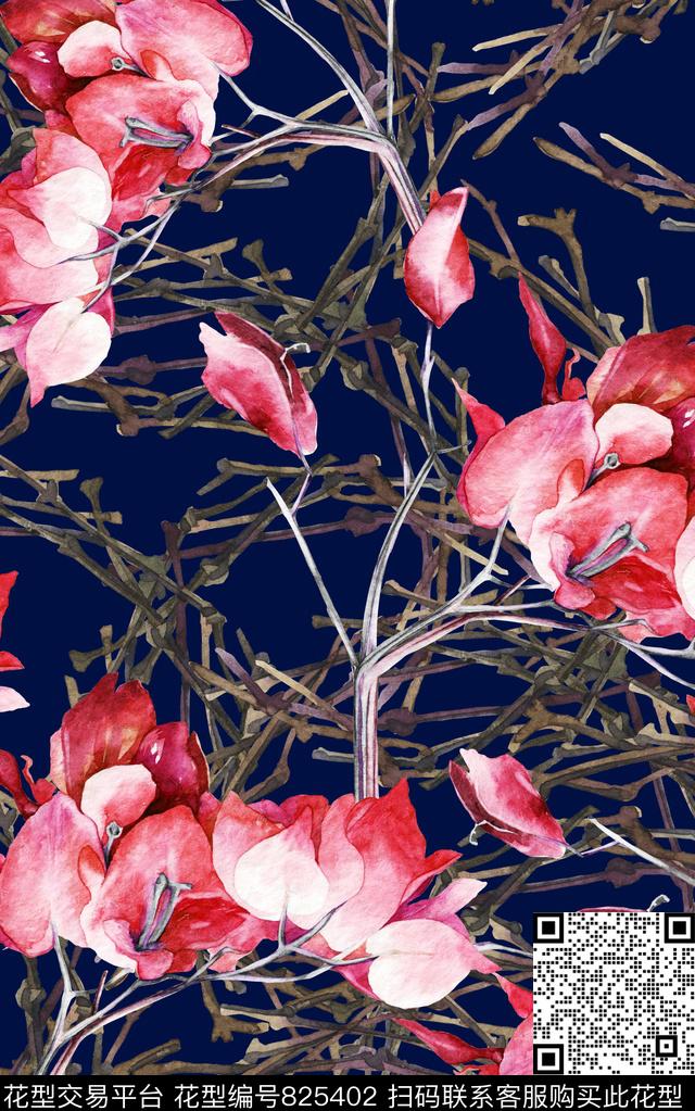 枝条花卉水彩数码印花华亿平台下载（图片编号: 825402） - 瓦栏（Walan）