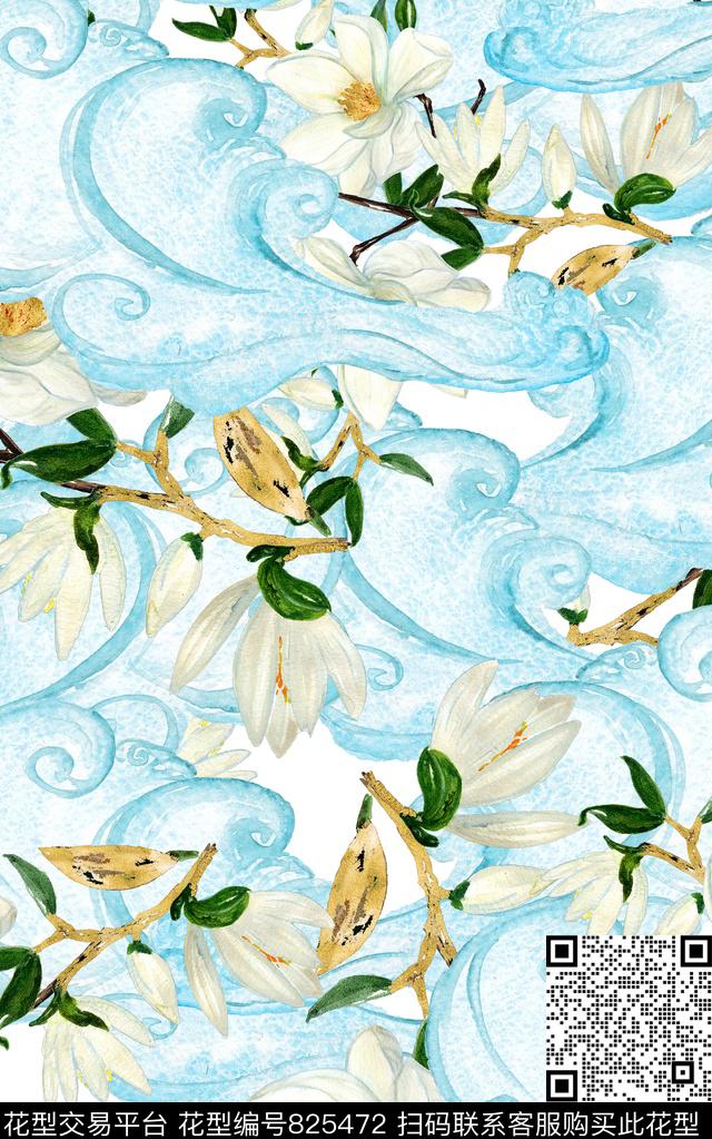 祥云花卉玉兰花数码印花华亿平台下载（图片编号: 825472） - 瓦栏（Walan）