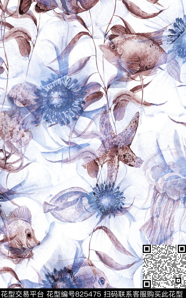 花朵海底世界水彩数码印花华亿平台下载（图片编号: 825475） - 瓦栏（Walan）