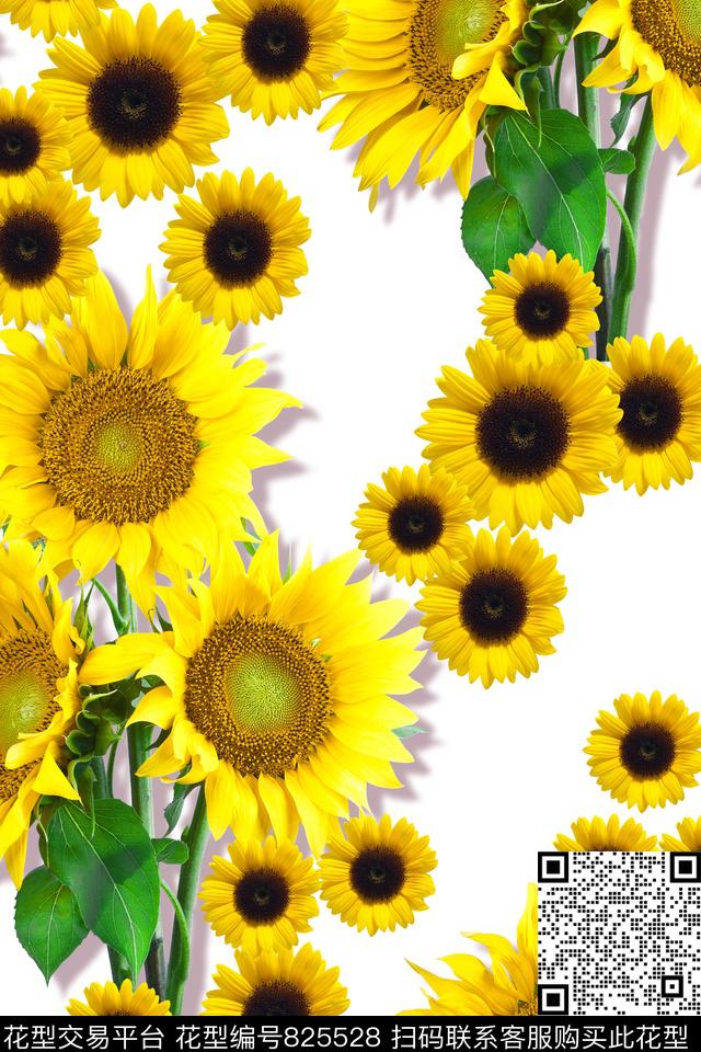 向日葵清新春夏裙装华亿平台花卉数码印花华亿平台下载（图片编号: 825528） - 瓦栏（Walan）