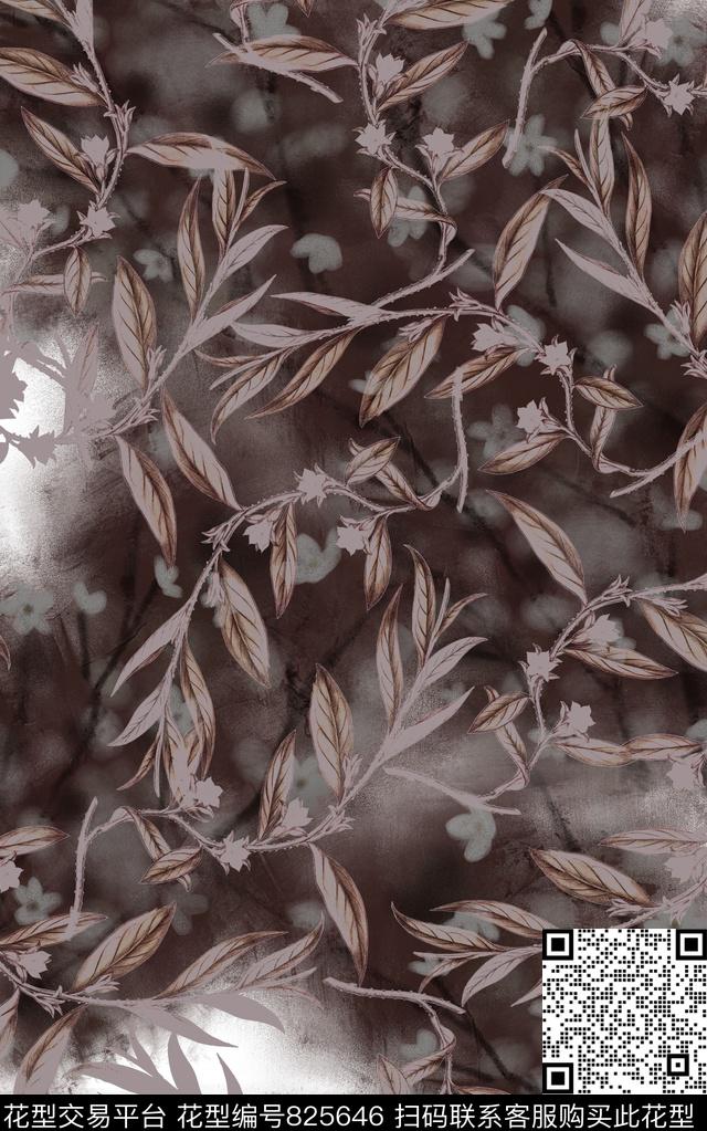 水彩叶子枝条数码印花华亿平台下载（图片编号: 825646） - 瓦栏（Walan）