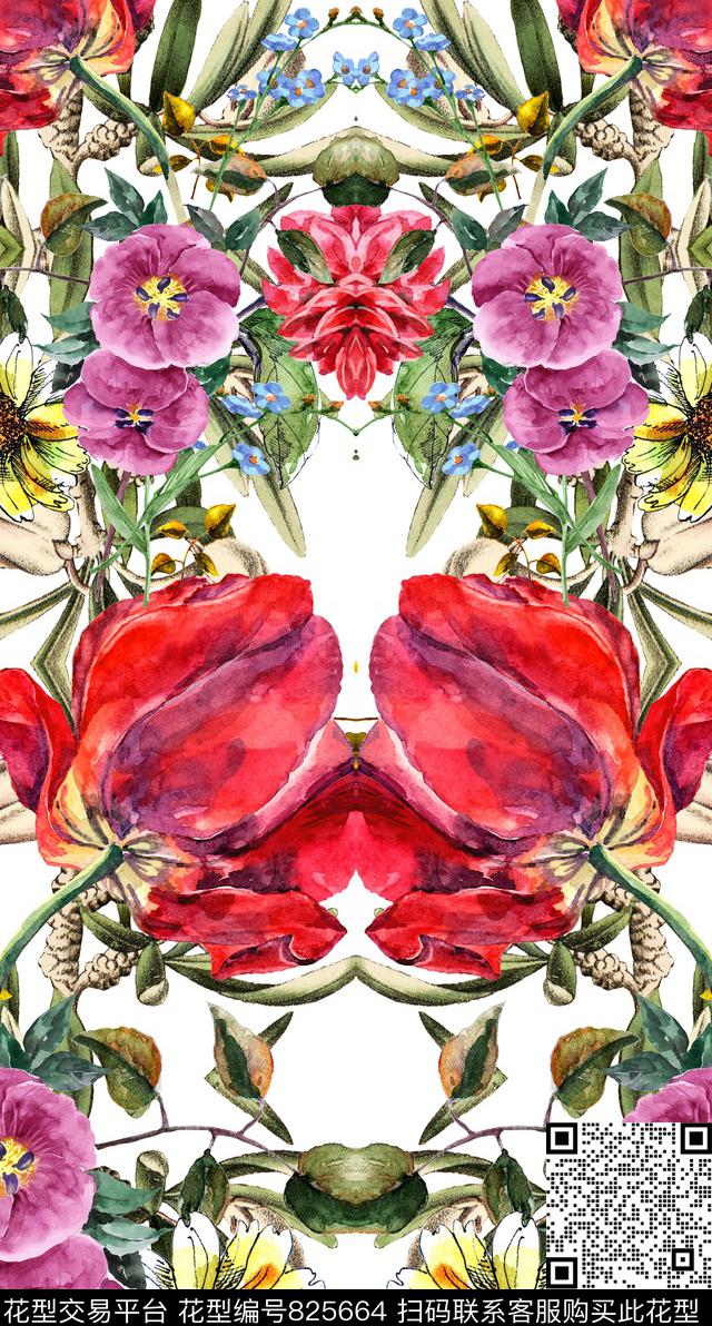 花卉手绘水彩数码印花华亿平台下载（图片编号: 825664） - 瓦栏（Walan）