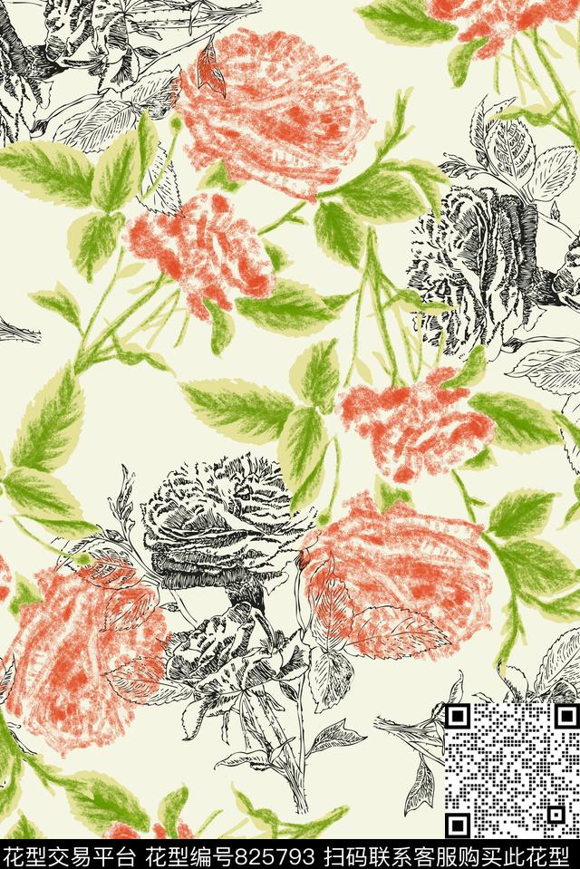 玫瑰花大花乱花线条传统印花华亿平台下载（图片编号: 825793） - 瓦栏（Walan）