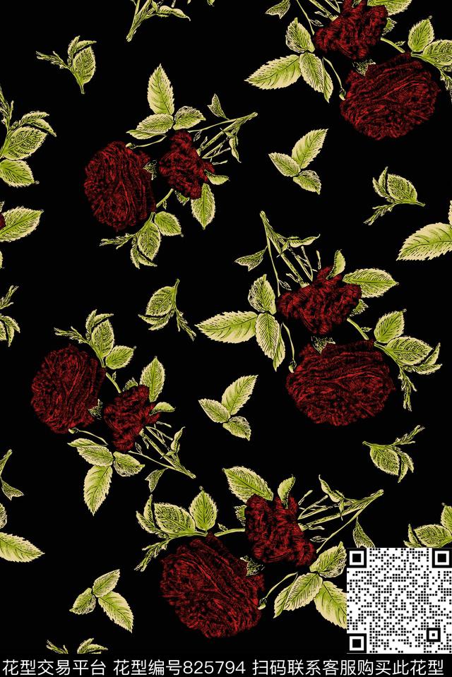 玫瑰花大花乱花宫廷风传统印花华亿平台下载（图片编号: 825794） - 瓦栏（Walan）
