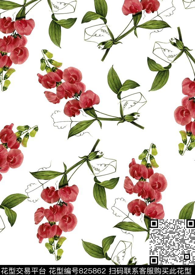 复古手绘蝴蝶兰兰花树枝兰花数码印花华亿平台下载（图片编号: 825862） - 瓦栏（Walan）