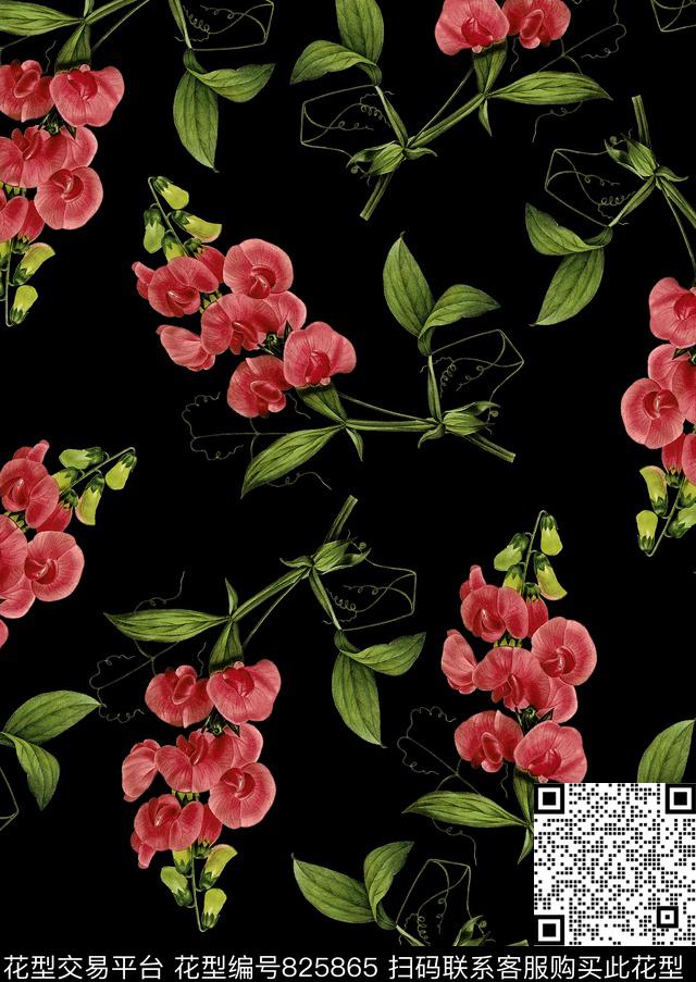 复古手绘蝴蝶兰兰花树枝兰花数码印花华亿平台下载（图片编号: 825865） - 瓦栏（Walan）