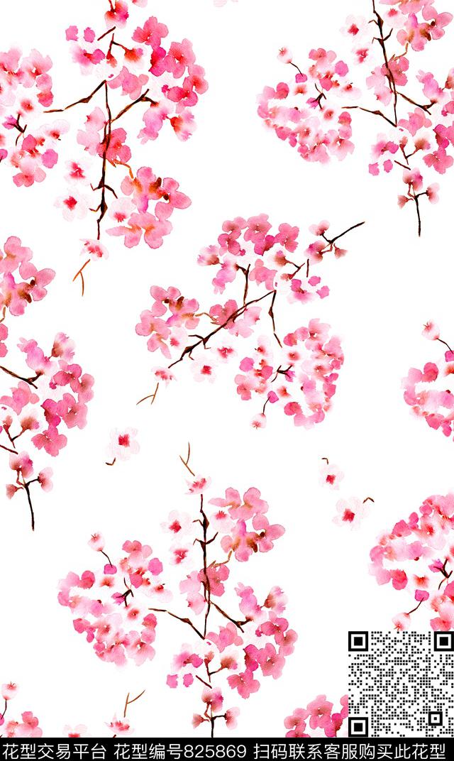 水彩桃花梅花水彩手绘数码印花华亿平台下载（图片编号: 825869） - 瓦栏（Walan）