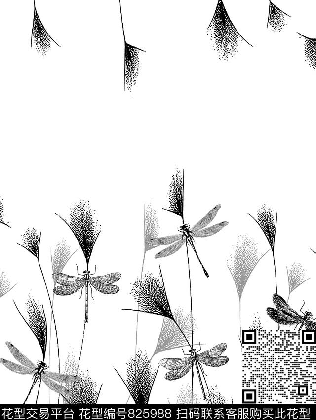 芦苇蜻蜓抽象传统印花华亿平台下载（图片编号: 825988） - 瓦栏（Walan）