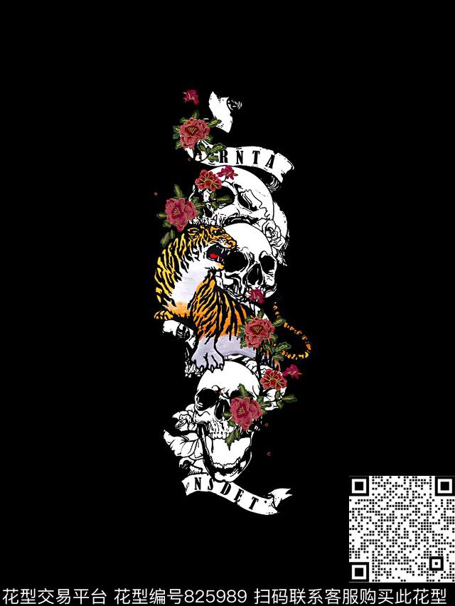 骷髅头老虎刺绣花卉数码印花华亿平台下载（图片编号: 825989） - 瓦栏（Walan）