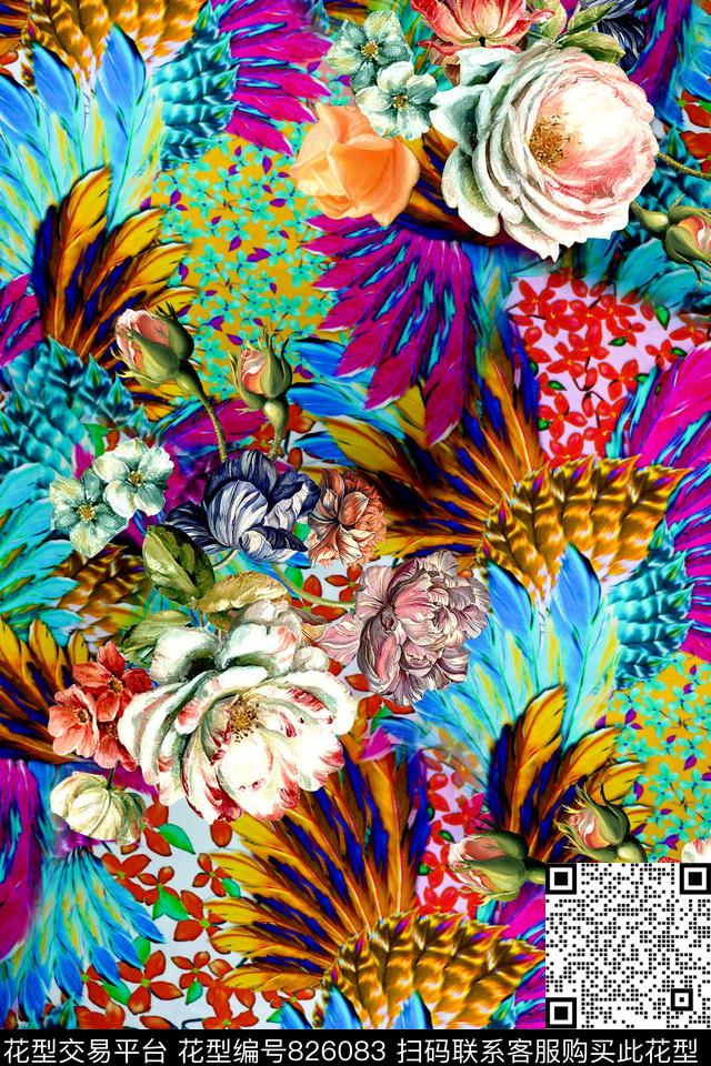 时尚手绘花卉数码印花华亿平台下载（图片编号: 826083） - 瓦栏（Walan）