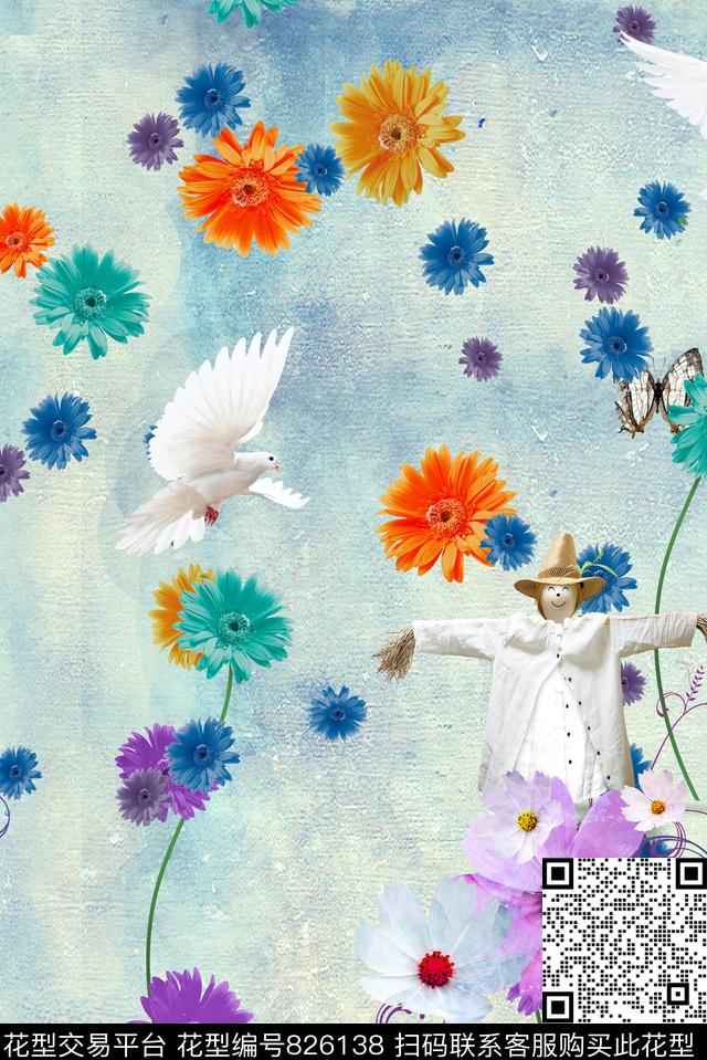 稻草人菊花鸽子数码印花华亿平台下载（图片编号: 826138） - 瓦栏（Walan）