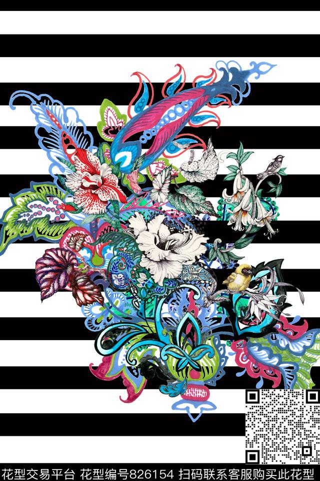 花卉条纹刺绣数码印花华亿平台下载（图片编号: 826154） - 瓦栏（Walan）