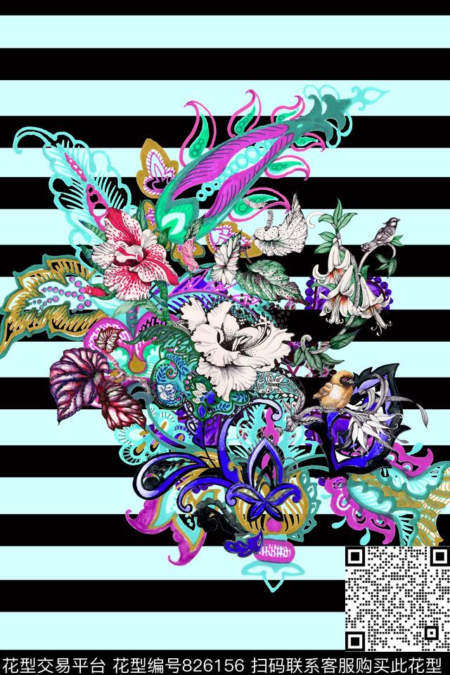 花卉条纹刺绣数码印花华亿平台下载（图片编号: 826156） - 瓦栏（Walan）