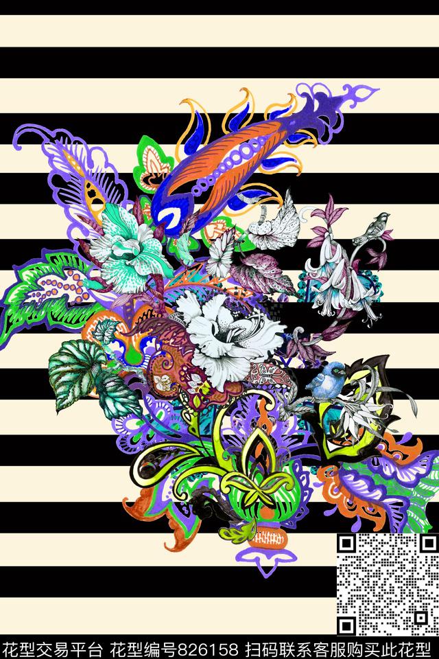 花卉条纹刺绣数码印花华亿平台下载（图片编号: 826158） - 瓦栏（Walan）