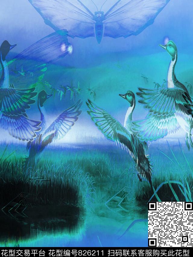 飞鸟蝴蝶麦田数码印花华亿平台下载（图片编号: 826211） - 瓦栏（Walan）