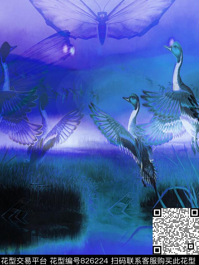 飞鸟蝴蝶麦田数码印花华亿平台下载（图片编号: 826224） - 瓦栏（Walan）