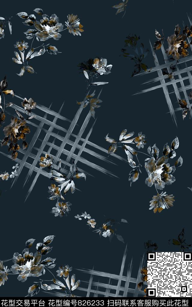 手绘花卉格子传统印花华亿平台下载（图片编号: 826233） - 瓦栏（Walan）