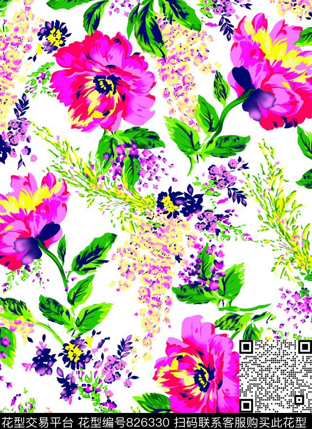 百合花大花花卉传统印花华亿平台下载（图片编号: 826330） - 瓦栏（Walan）