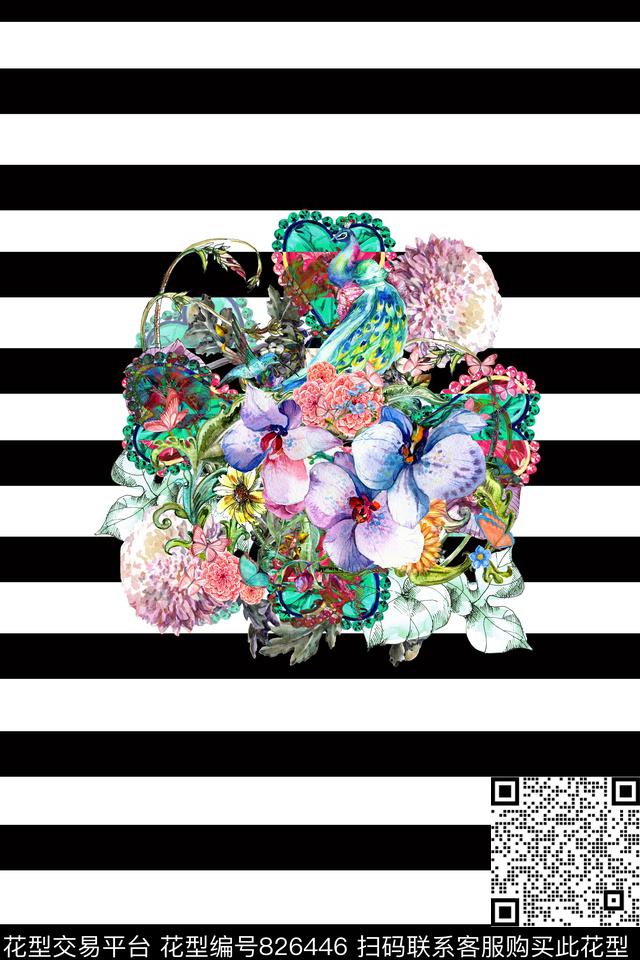 条纹小碎花孔雀数码印花华亿平台下载（图片编号: 826446） - 瓦栏（Walan）