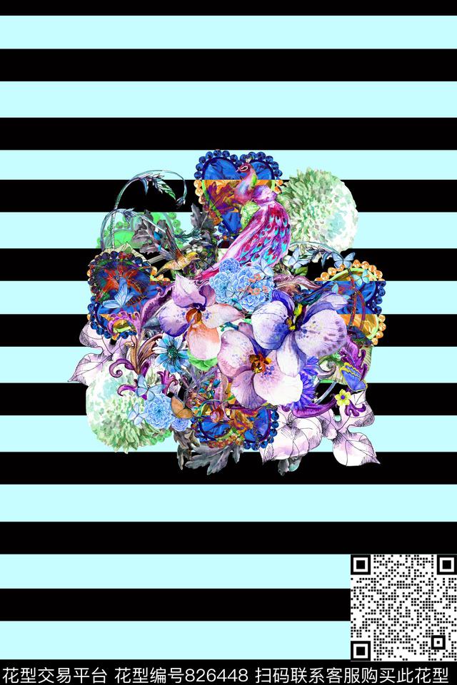 条纹小碎花孔雀数码印花华亿平台下载（图片编号: 826448） - 瓦栏（Walan）