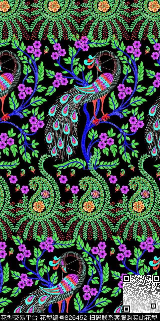民族风孔雀花卉数码印花华亿平台下载（图片编号: 826452） - 瓦栏（Walan）