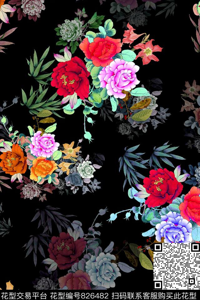 花卉国画水墨风数码印花华亿平台下载（图片编号: 826482） - 瓦栏（Walan）