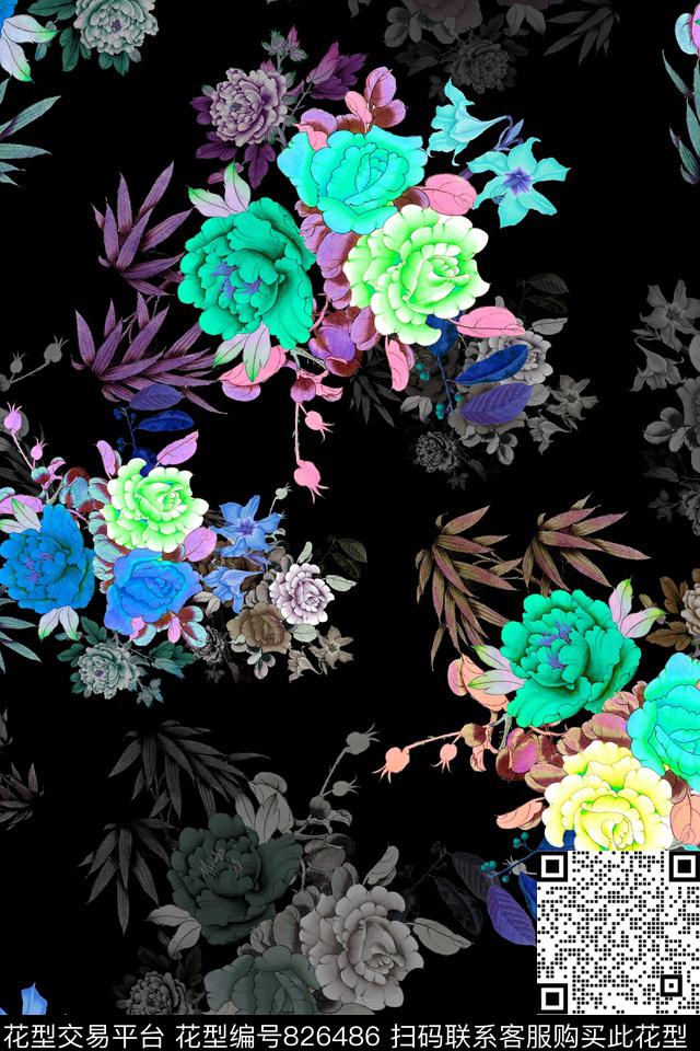 花卉国画水墨风数码印花华亿平台下载（图片编号: 826486） - 瓦栏（Walan）