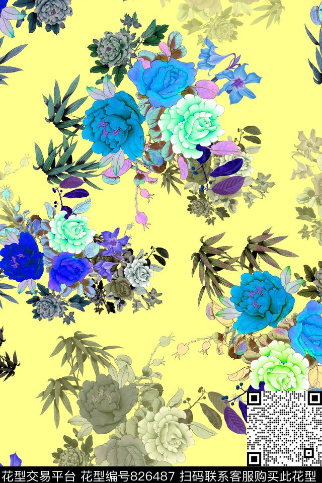 花卉国画水墨风数码印花华亿平台下载（图片编号: 826487） - 瓦栏（Walan）