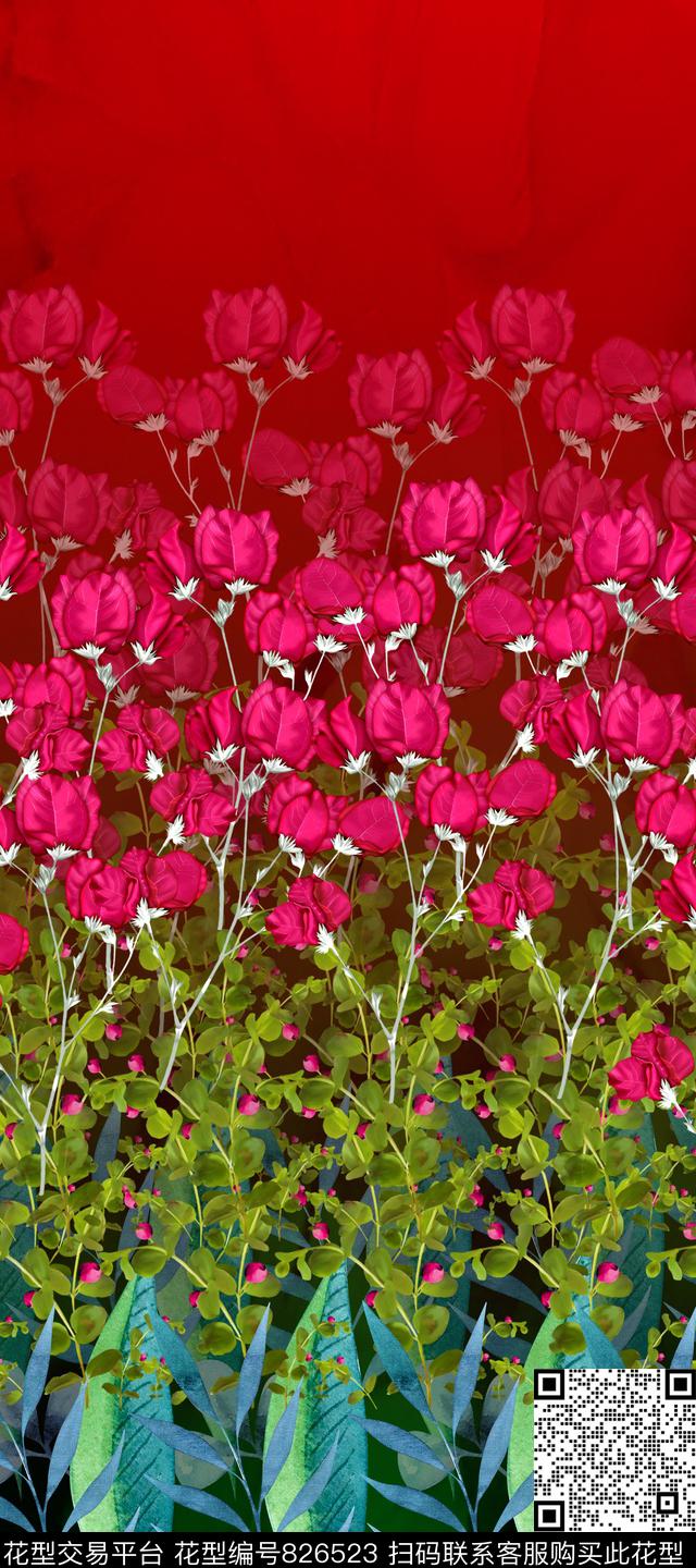 水彩花卉叶子数码印花华亿平台下载（图片编号: 826523） - 瓦栏（Walan）