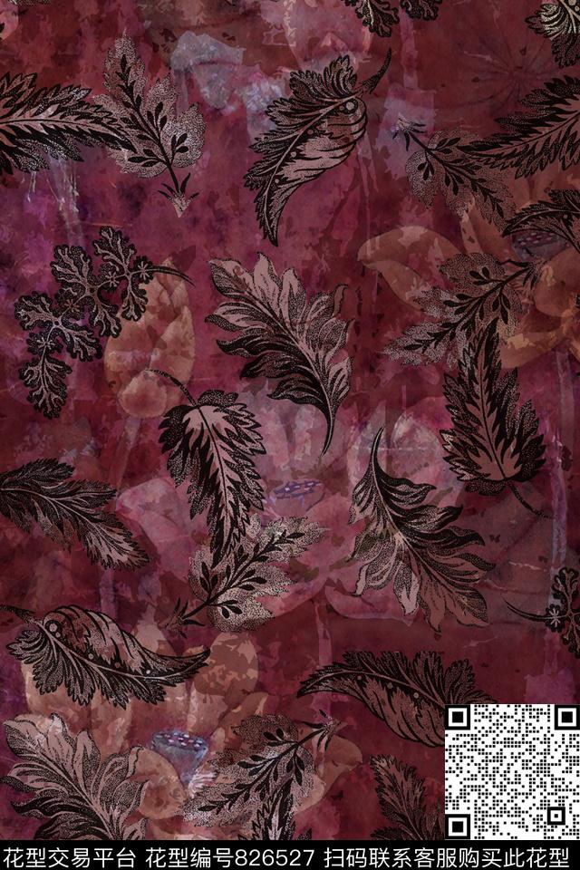香云纱花卉枝叶数码印花华亿平台下载（图片编号: 826527） - 瓦栏（Walan）
