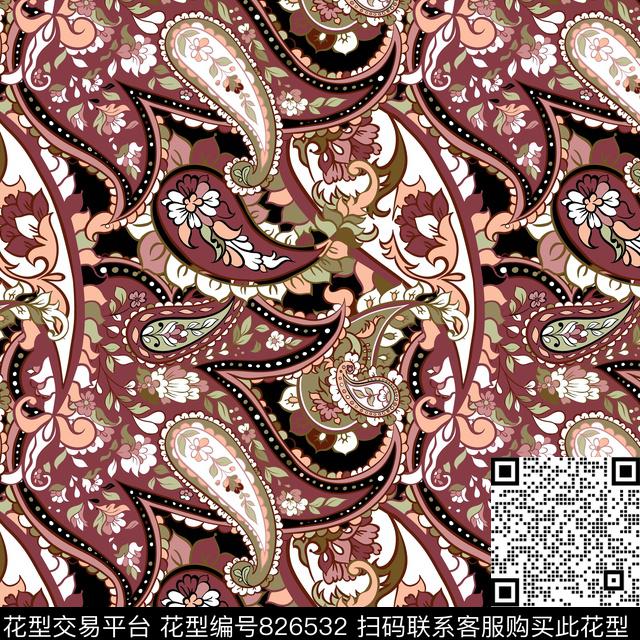 线条火腿花腰果传统印花华亿平台下载（图片编号: 826532） - 瓦栏（Walan）